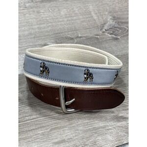 J Crew Belt Mens 34 Blue Dog Embroidered Web Canvas Leather Buckle Preppy